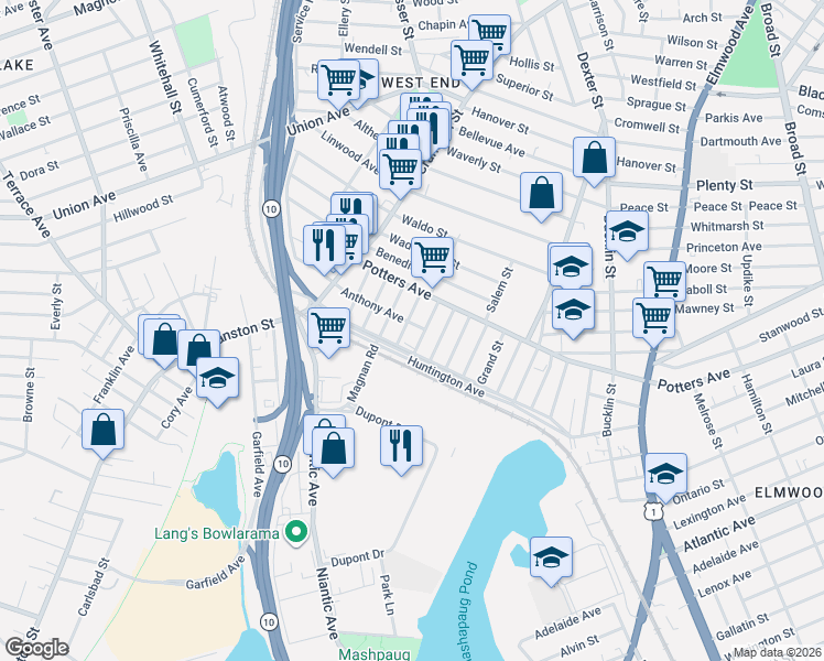 map of restaurants, bars, coffee shops, grocery stores, and more near 19 Anthony Avenue in Providence