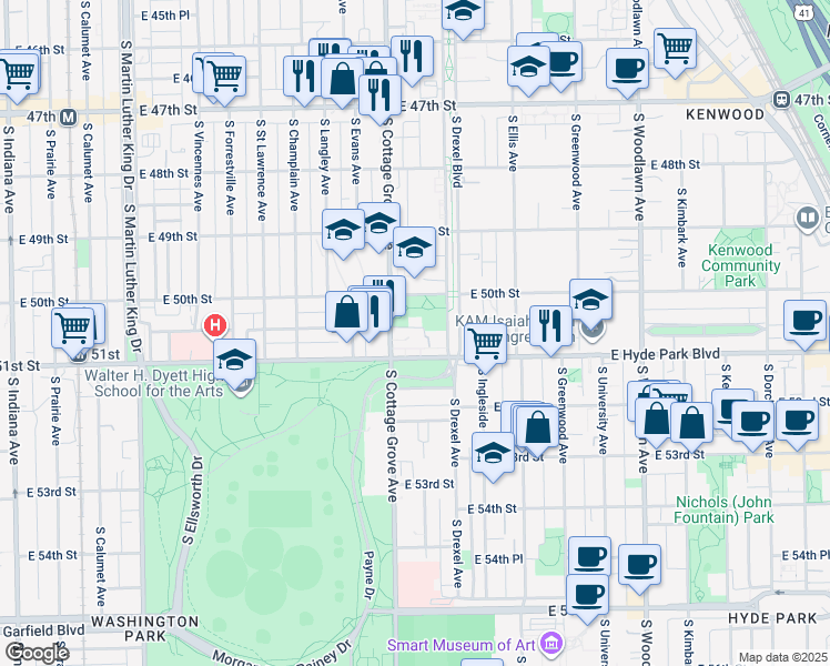 map of restaurants, bars, coffee shops, grocery stores, and more near 5015 South Cottage Grove Avenue in Chicago