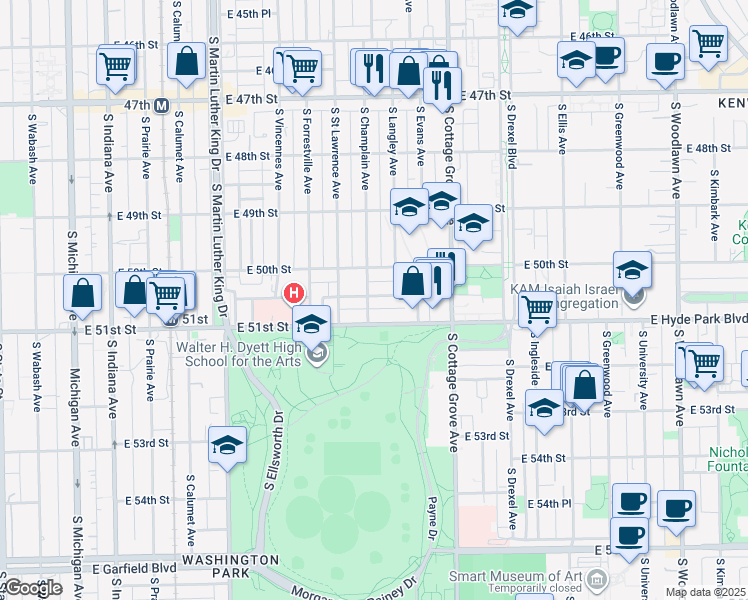 map of restaurants, bars, coffee shops, grocery stores, and more near 5015 South Champlain Avenue in Chicago