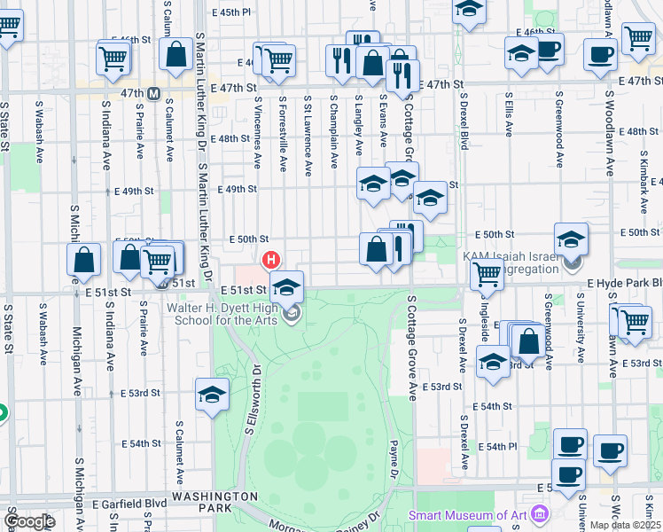 map of restaurants, bars, coffee shops, grocery stores, and more near 5015 South Champlain Avenue in Chicago