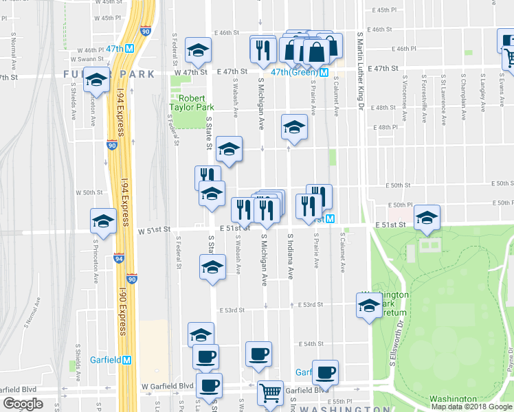 map of restaurants, bars, coffee shops, grocery stores, and more near 5009 South Michigan Avenue in Chicago