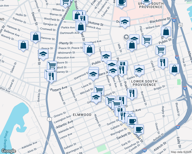 map of restaurants, bars, coffee shops, grocery stores, and more near 182 Reynolds Avenue in Providence