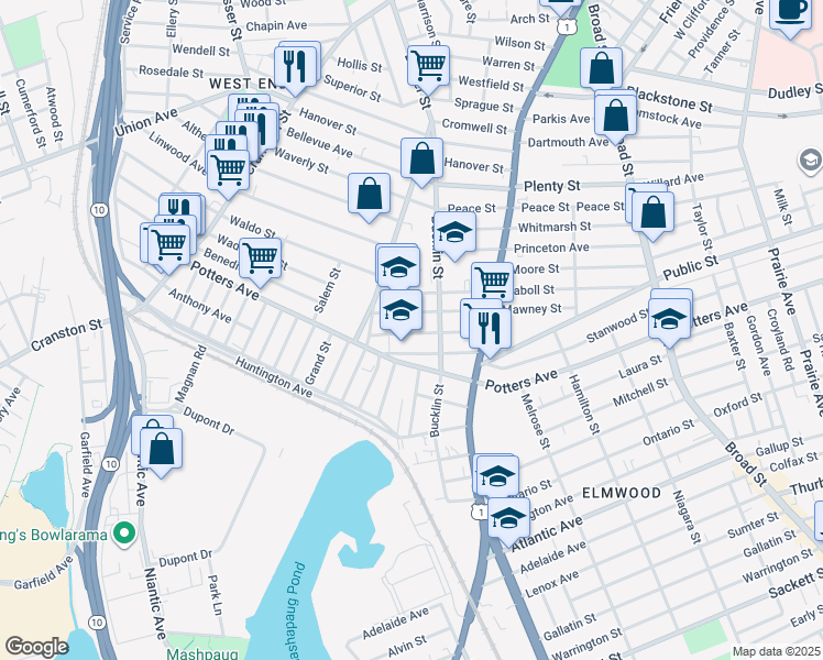 map of restaurants, bars, coffee shops, grocery stores, and more near 96 Mawney Street in Providence