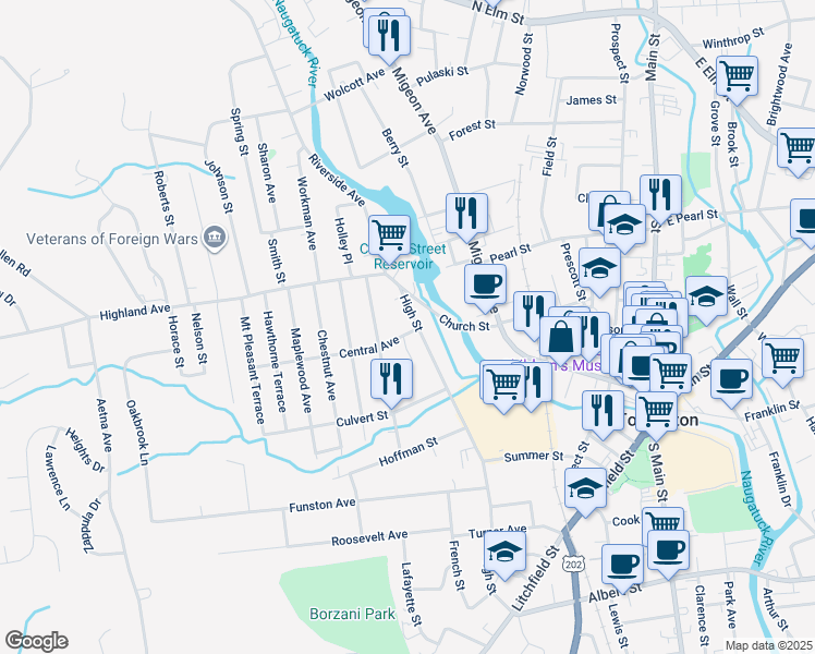 map of restaurants, bars, coffee shops, grocery stores, and more near 58 High Street in Torrington