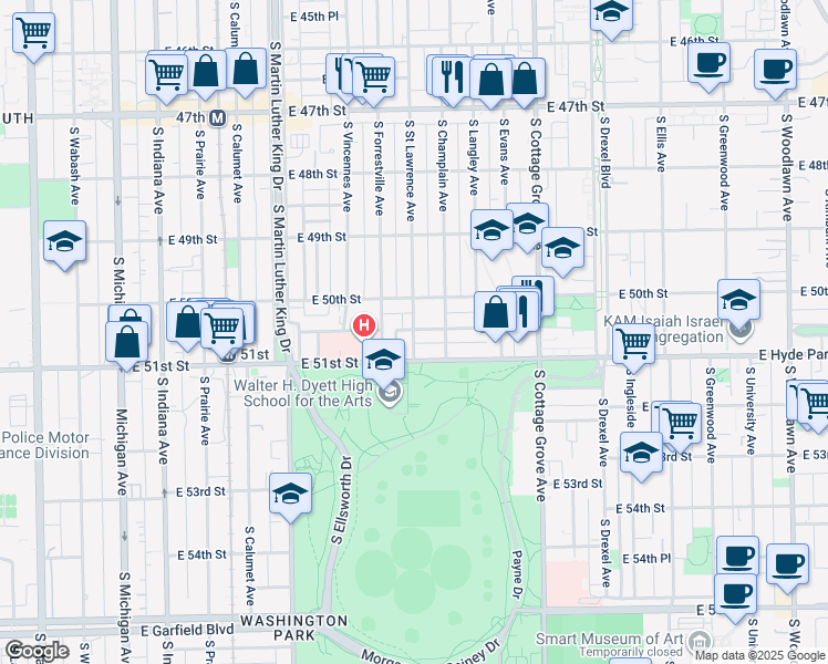 map of restaurants, bars, coffee shops, grocery stores, and more near 546 East 50th Place in Chicago