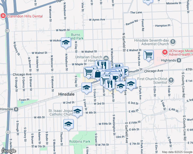 map of restaurants, bars, coffee shops, grocery stores, and more near 3 Grant Square in Hinsdale