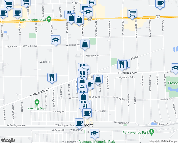 map of restaurants, bars, coffee shops, grocery stores, and more near 20 East Chicago Avenue in Westmont