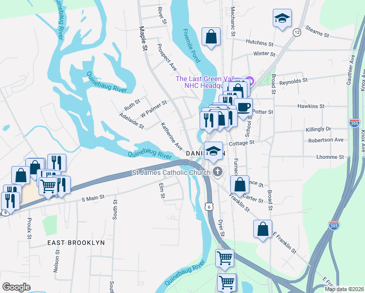 map of restaurants, bars, coffee shops, grocery stores, and more near 28 Katherine Avenue in Killingly