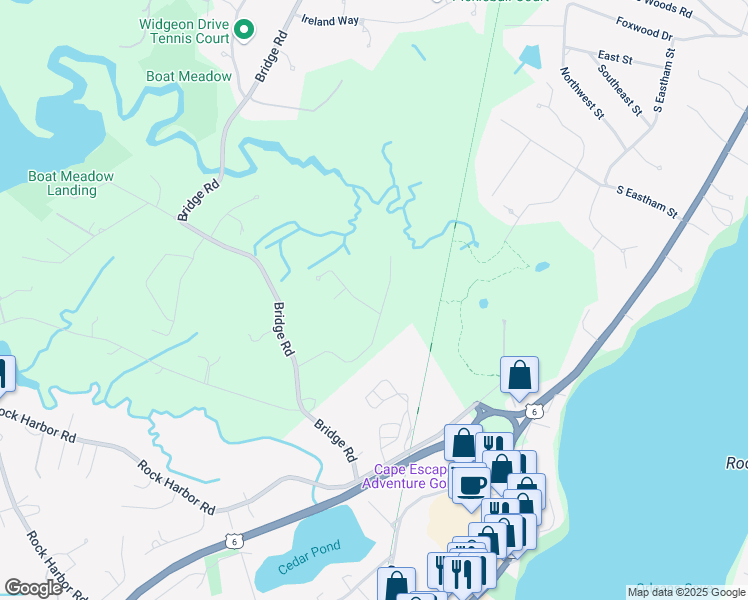 map of restaurants, bars, coffee shops, grocery stores, and more near 20 John Thomas Road in Eastham