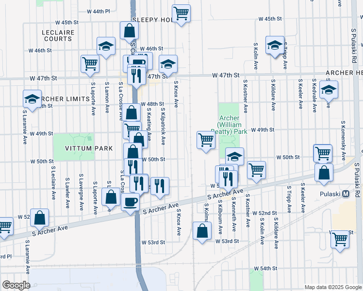 map of restaurants, bars, coffee shops, grocery stores, and more near 4916 South Knox Avenue in Chicago