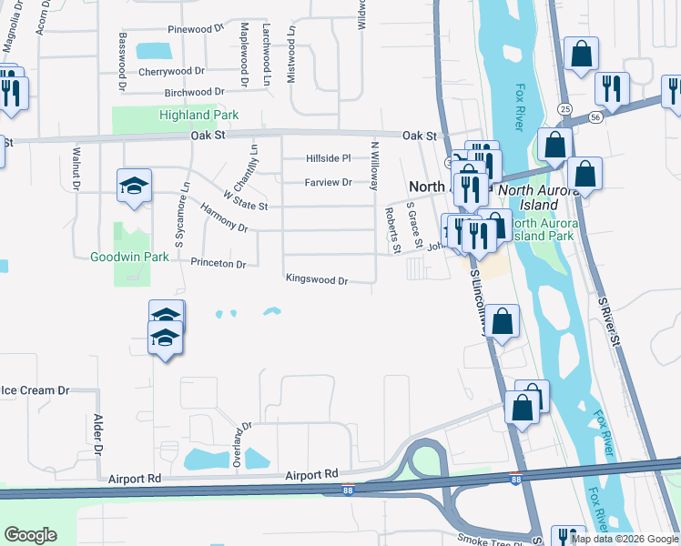 map of restaurants, bars, coffee shops, grocery stores, and more near 308 John Street in North Aurora