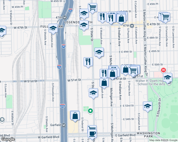 map of restaurants, bars, coffee shops, grocery stores, and more near 5010 S State St in Chicago