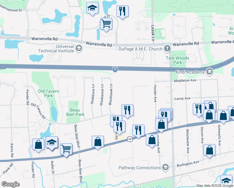 map of restaurants, bars, coffee shops, grocery stores, and more near 4500 Beau Monde Drive in Lisle