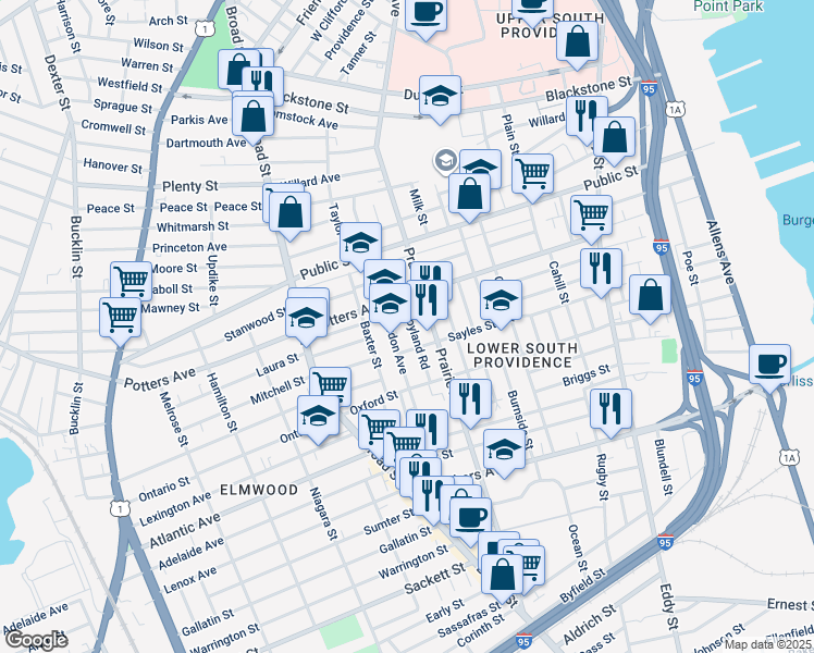 map of restaurants, bars, coffee shops, grocery stores, and more near 9 Croyland Road in Providence