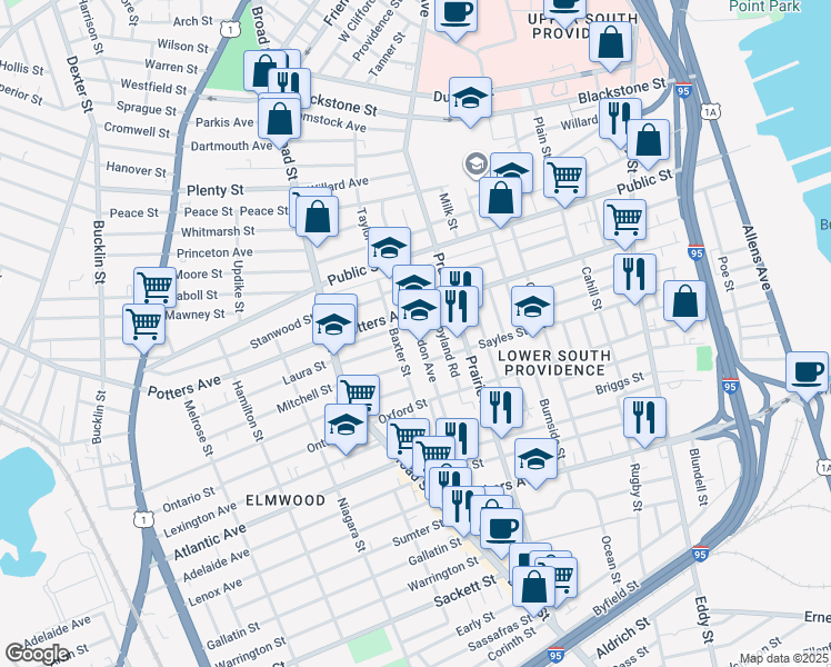map of restaurants, bars, coffee shops, grocery stores, and more near 9 Croyland Road in Providence