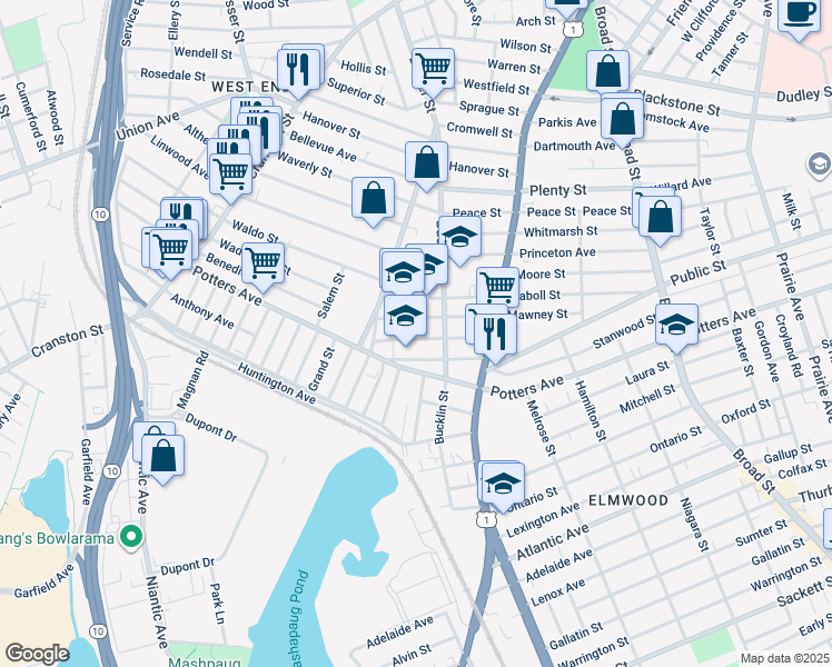 map of restaurants, bars, coffee shops, grocery stores, and more near 96 Mawney Street in Providence