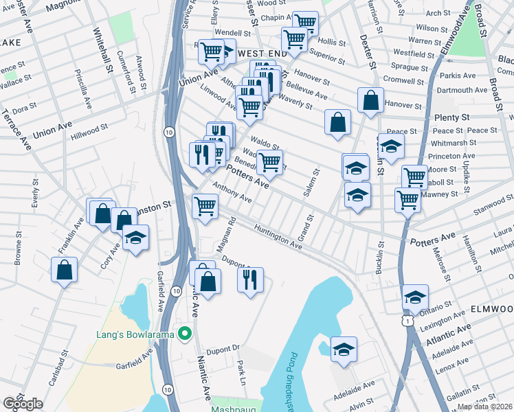map of restaurants, bars, coffee shops, grocery stores, and more near 19 Anthony Avenue in Providence