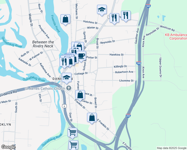 map of restaurants, bars, coffee shops, grocery stores, and more near 117 Cottage Street in Killingly