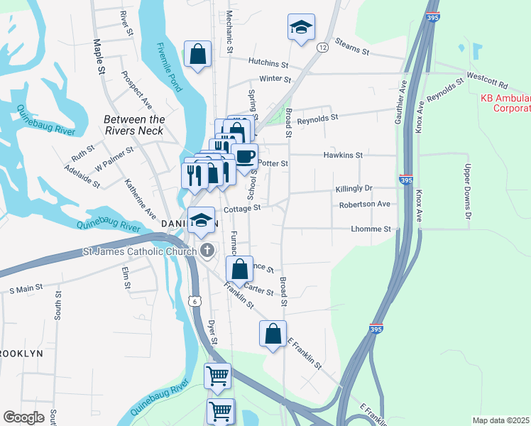 map of restaurants, bars, coffee shops, grocery stores, and more near 94 School Street in Killingly