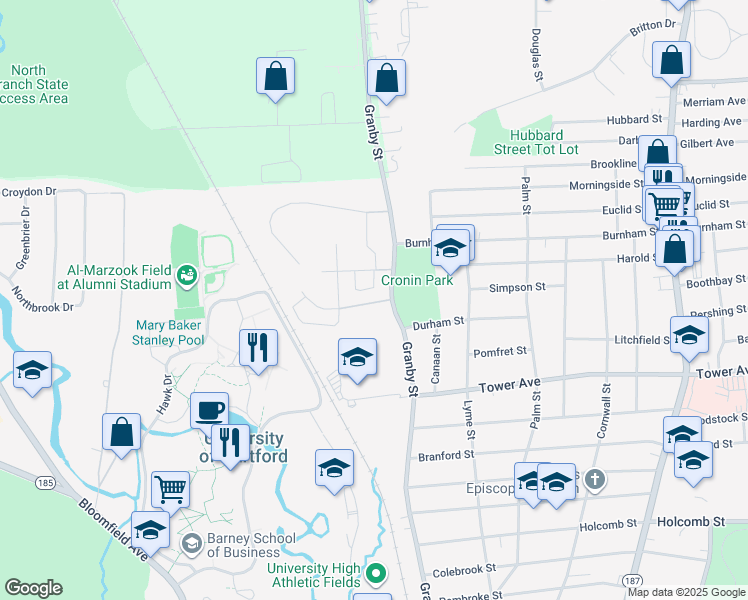 map of restaurants, bars, coffee shops, grocery stores, and more near 423 Granby Street in Hartford
