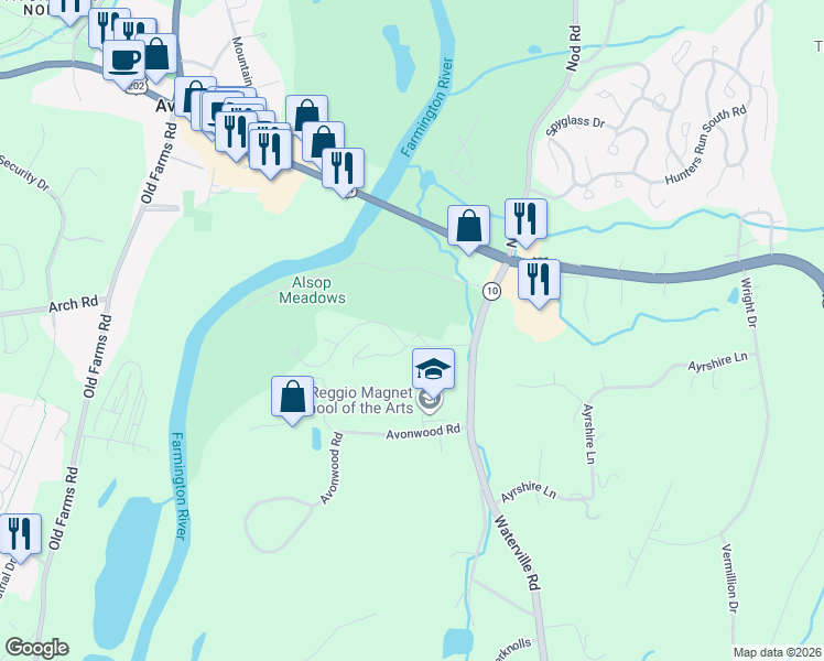 map of restaurants, bars, coffee shops, grocery stores, and more near 100 Rivermead in Avon
