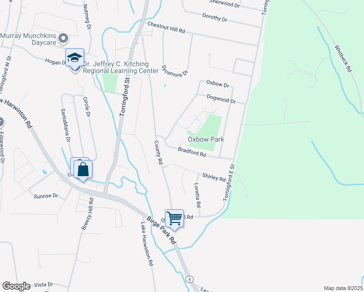 map of restaurants, bars, coffee shops, grocery stores, and more near 85 Bradford Road in Torrington