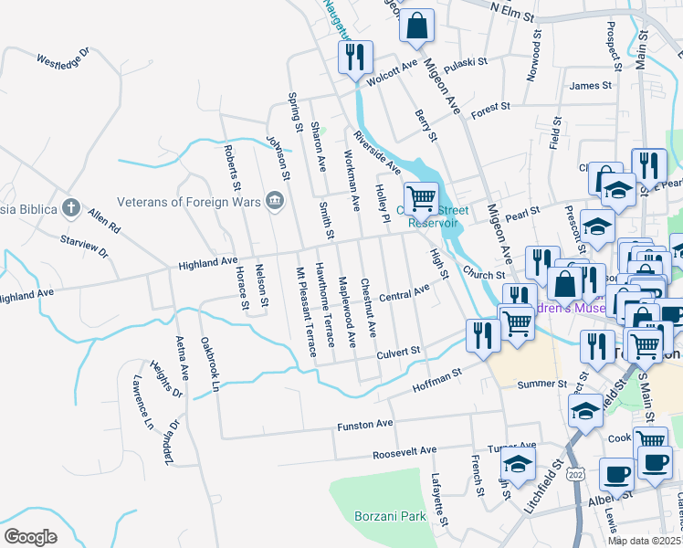 map of restaurants, bars, coffee shops, grocery stores, and more near 13 Maplewood Avenue in Torrington