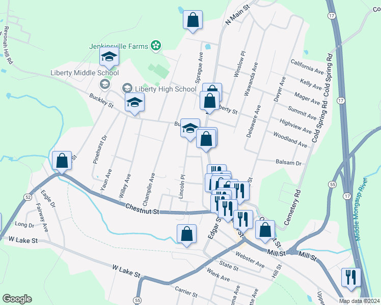 map of restaurants, bars, coffee shops, grocery stores, and more near 118 Lincoln Place in Liberty