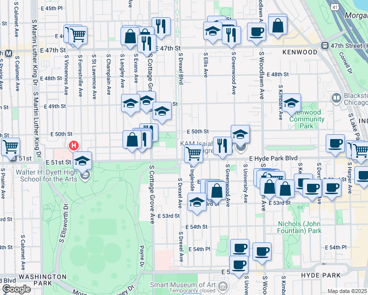 map of restaurants, bars, coffee shops, grocery stores, and more near 5019 South Drexel Boulevard in Chicago