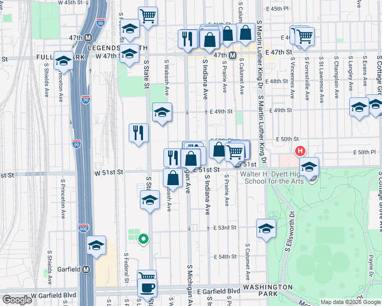 map of restaurants, bars, coffee shops, grocery stores, and more near 5009 South Michigan Avenue in Chicago
