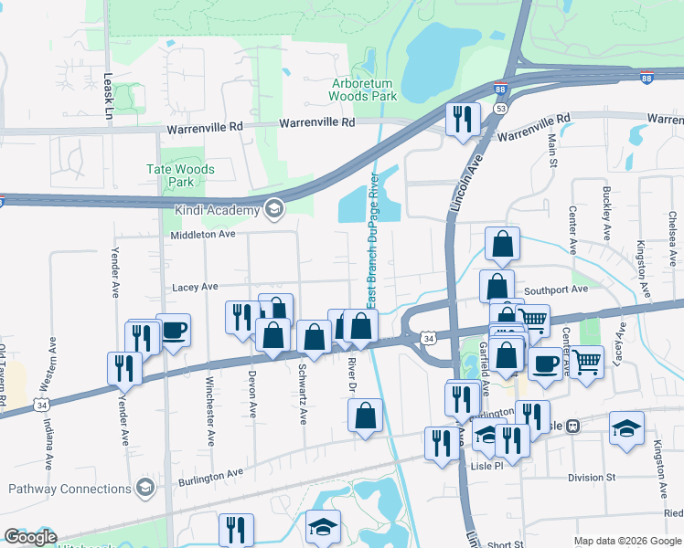 map of restaurants, bars, coffee shops, grocery stores, and more near 4518 River Drive in Lisle