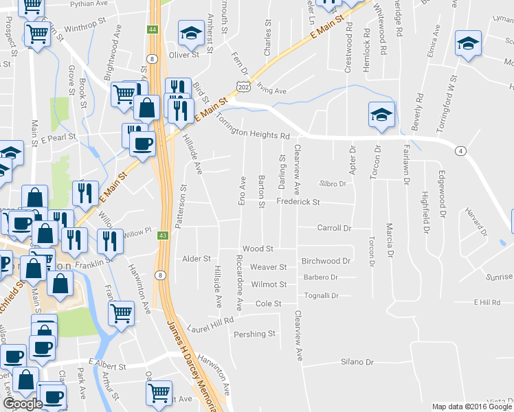 map of restaurants, bars, coffee shops, grocery stores, and more near 152 Barton St in Torrington