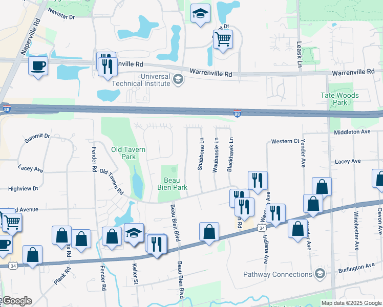 map of restaurants, bars, coffee shops, grocery stores, and more near 4435 Black Partridge Lane in Lisle