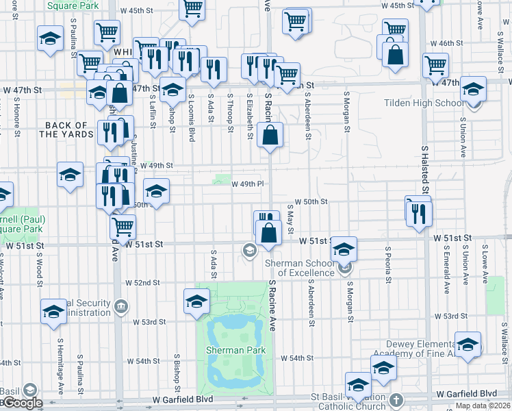 map of restaurants, bars, coffee shops, grocery stores, and more near 5001 South Elizabeth Street in Chicago