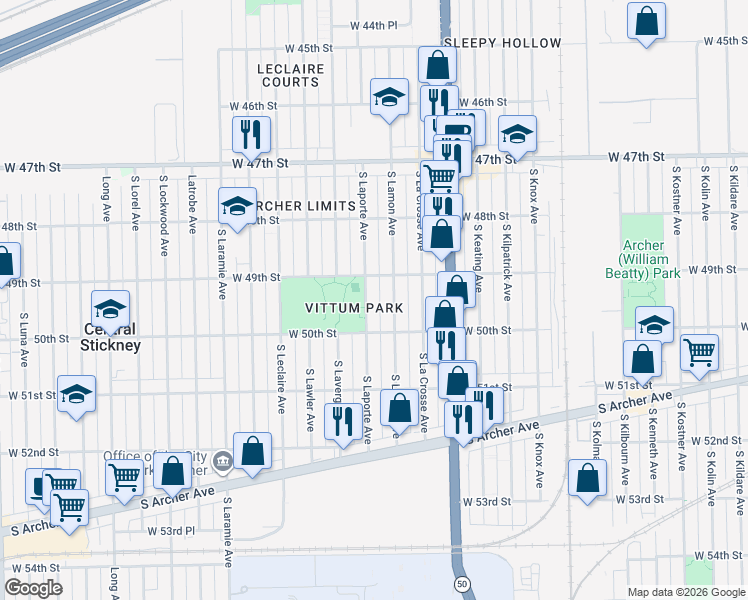 map of restaurants, bars, coffee shops, grocery stores, and more near 4908 South Laporte Avenue in Chicago