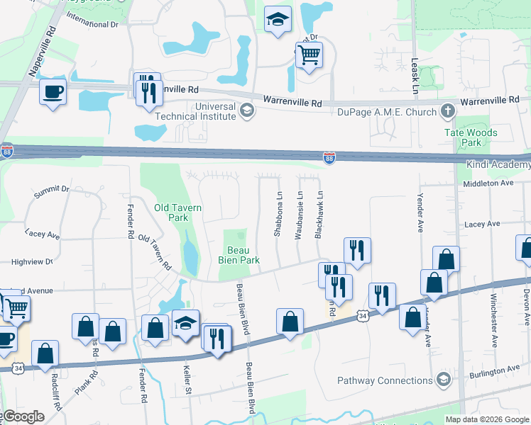 map of restaurants, bars, coffee shops, grocery stores, and more near 4435 Black Partridge Lane in Lisle