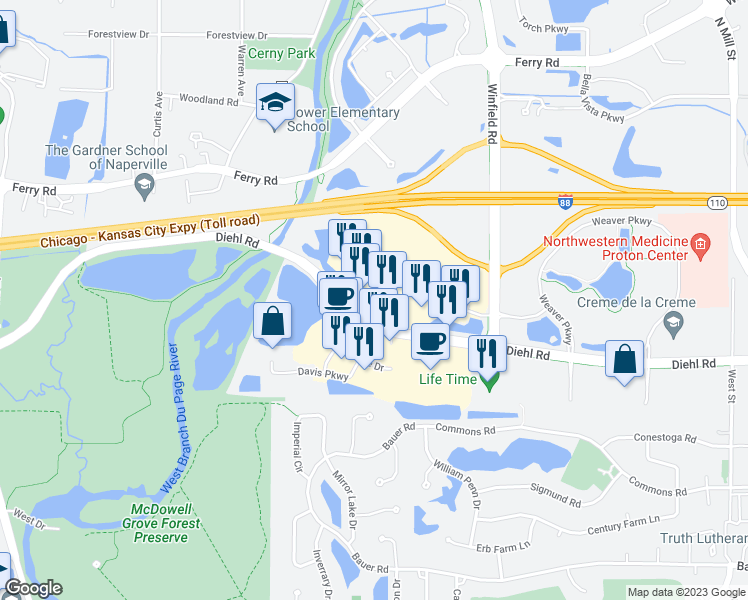 map of restaurants, bars, coffee shops, grocery stores, and more near 28258 Diehl Road in Warrenville