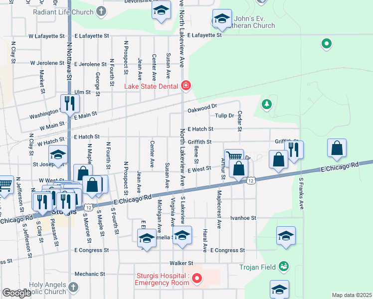 map of restaurants, bars, coffee shops, grocery stores, and more near 223 North Lakeview Avenue in Sturgis