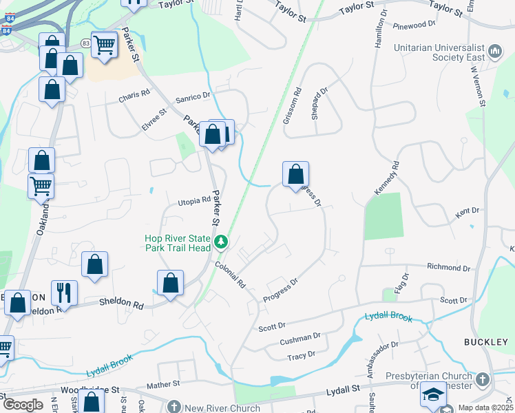map of restaurants, bars, coffee shops, grocery stores, and more near 115 Progress Drive in Manchester