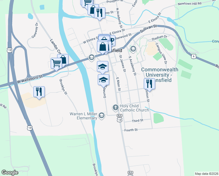 map of restaurants, bars, coffee shops, grocery stores, and more near 130 South Main Street in Mansfield