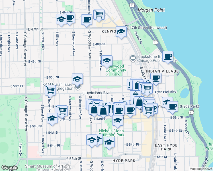 map of restaurants, bars, coffee shops, grocery stores, and more near 1328 East Madison Park in Chicago