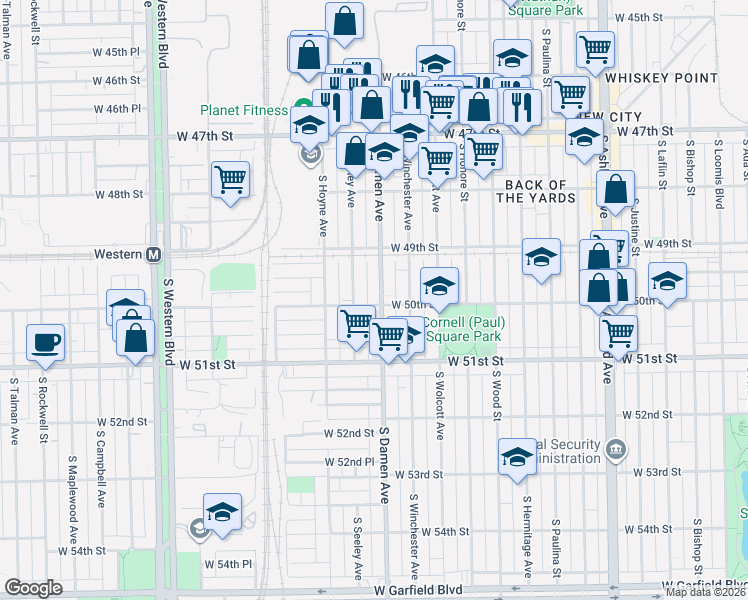 map of restaurants, bars, coffee shops, grocery stores, and more near 4946 South Damen Avenue in Chicago