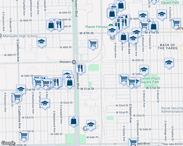 map of restaurants, bars, coffee shops, grocery stores, and more near 2231 West 49th Street in Chicago