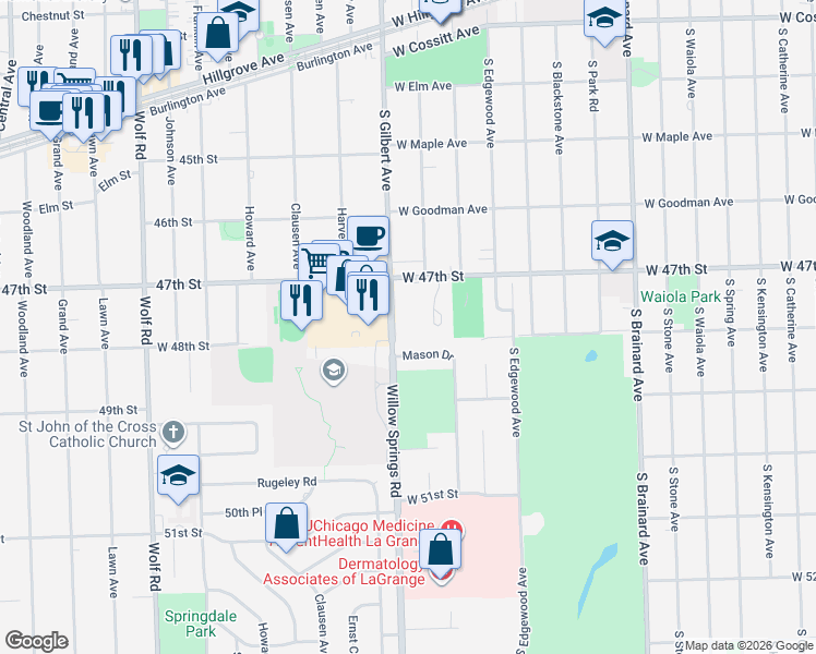 map of restaurants, bars, coffee shops, grocery stores, and more near 4727 Willow Springs Road in La Grange