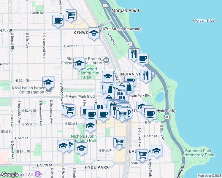 map of restaurants, bars, coffee shops, grocery stores, and more near 5015 South Blackstone Avenue in Chicago
