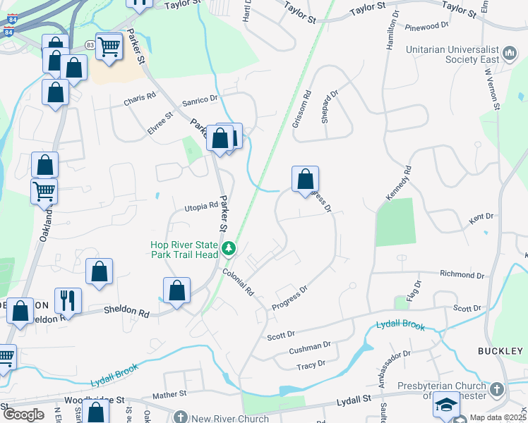 map of restaurants, bars, coffee shops, grocery stores, and more near 115 Progress Drive in Manchester