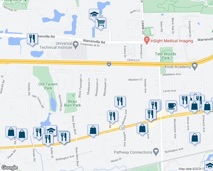 map of restaurants, bars, coffee shops, grocery stores, and more near Beau Monde Boulevard in Lisle