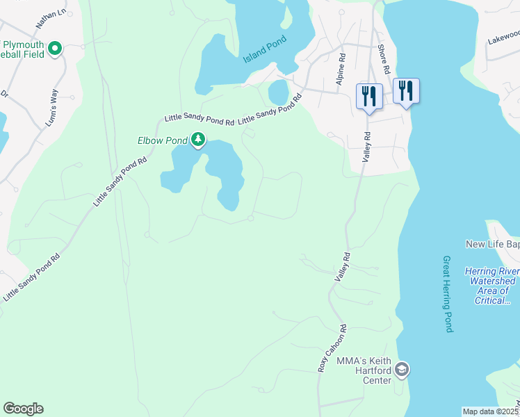 map of restaurants, bars, coffee shops, grocery stores, and more near Ebow Pond Road in Plymouth