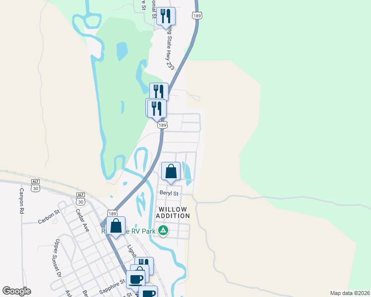 map of restaurants, bars, coffee shops, grocery stores, and more near 304 U.S. 189 in Kemmerer