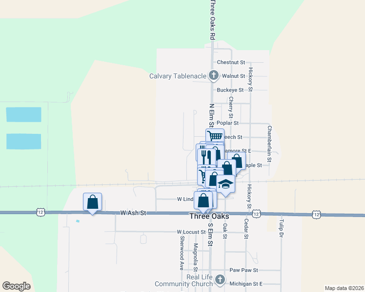 map of restaurants, bars, coffee shops, grocery stores, and more near 225 Chicago in Three Oaks